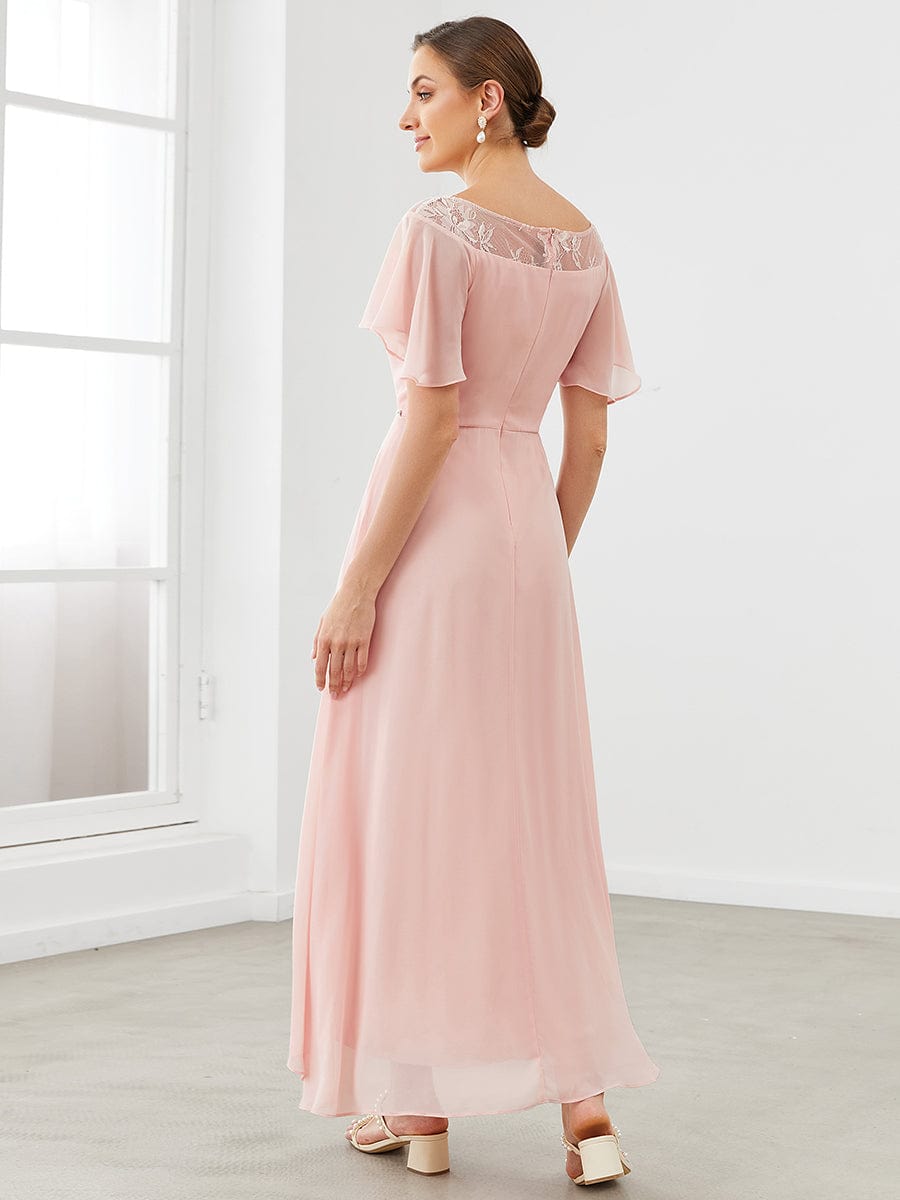 Chiffon Ruffle Sleeves Asymmetrical Hem Mother of the Bride Dress #color_Pink
