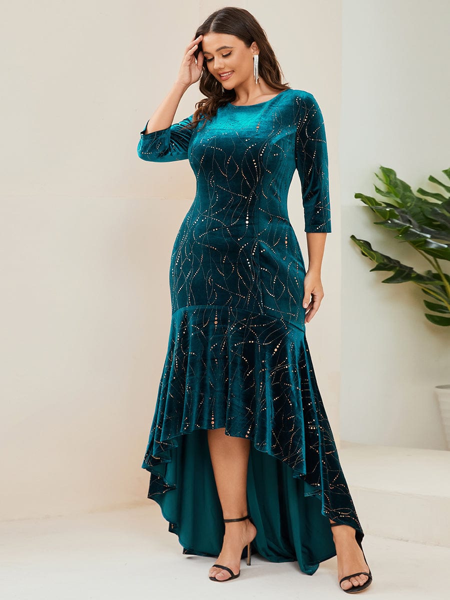 Elegant Plus Size Bodycon High-Low Formal Velvet Party Dress #color_Teal