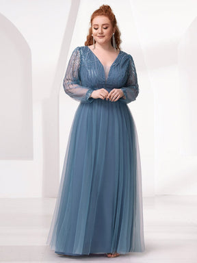 Custom Size Sequin Bodice Sheer Long Sleeves Maxi Formal Evening Dress