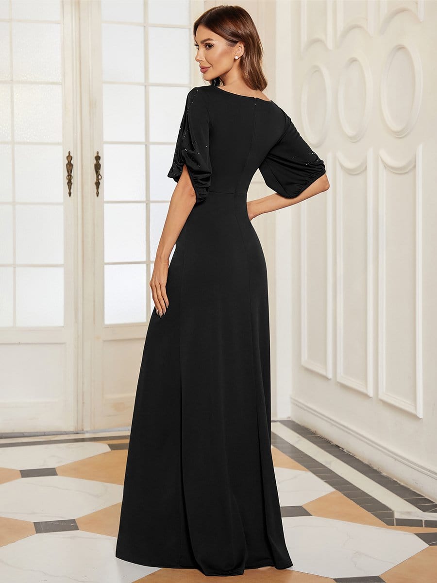 Trendy Round Neck Long Bodycon Evening Dress with Sleeves #color_Black 