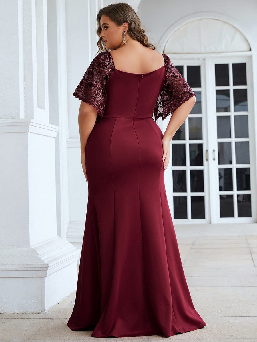 Elegant Plus Size V Neck Fishtail Evening Dress for Women #Color_Burgundy