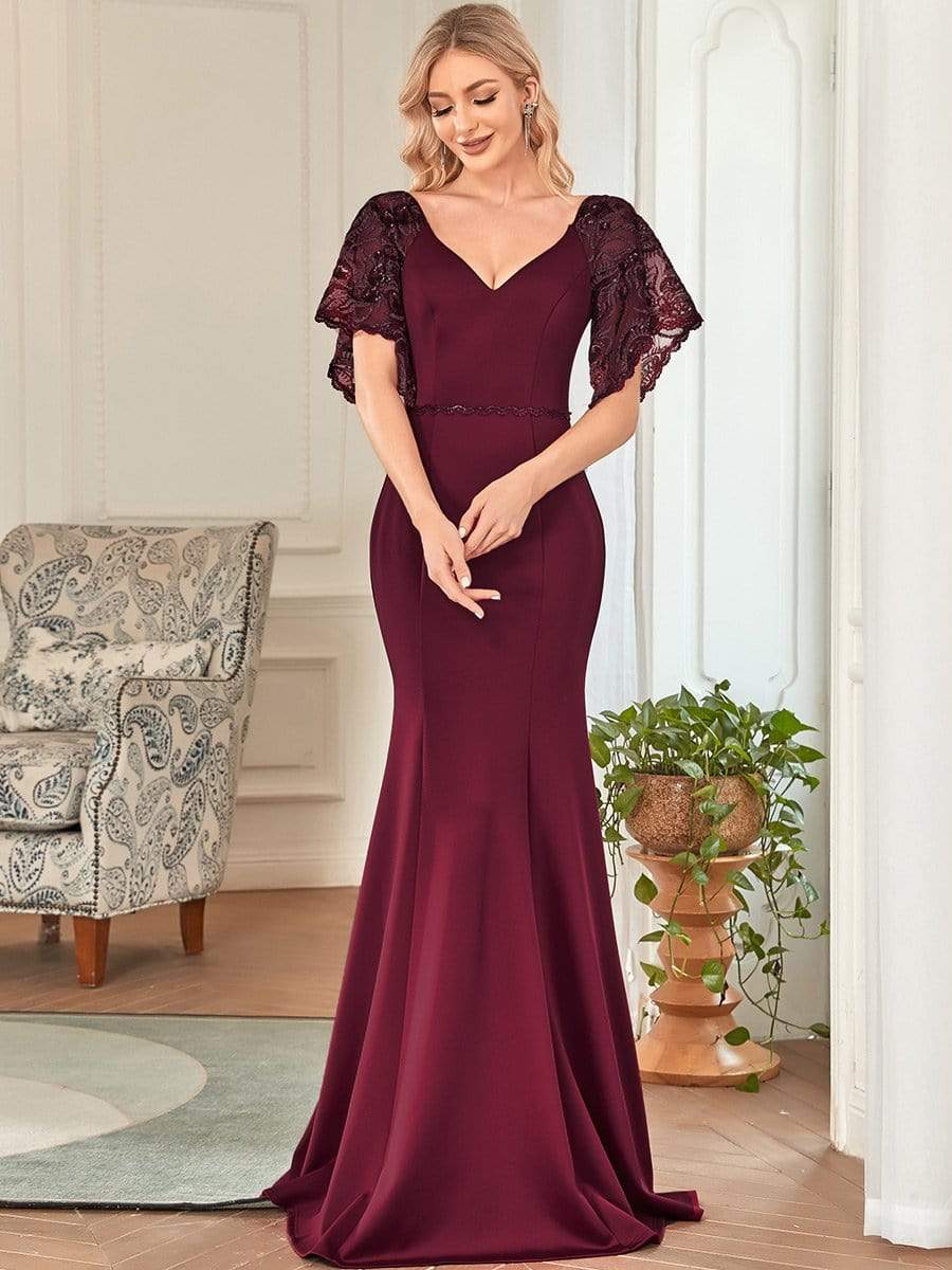 Sexy V Neck Maxi Bodycon Party Dress with Flare Sleeves #Color_Burgundy