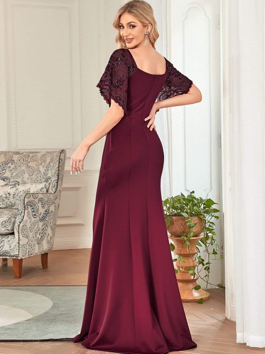 Sexy V Neck Maxi Bodycon Party Dress with Flare Sleeves #Color_Burgundy