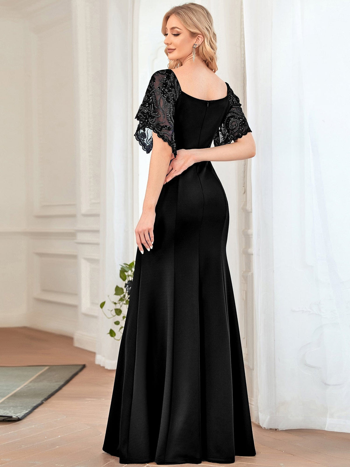 Sexy V Neck Maxi Bodycon Party Dress with Flare Sleeves #Color_Black
