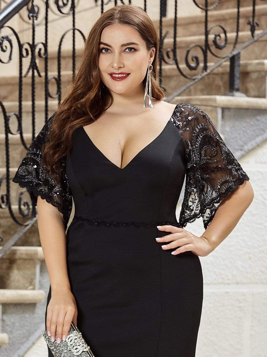 Sexy Plus Size Evening Dresses | Mermaid V neck with Lace Sleeves Ever-Pretty US