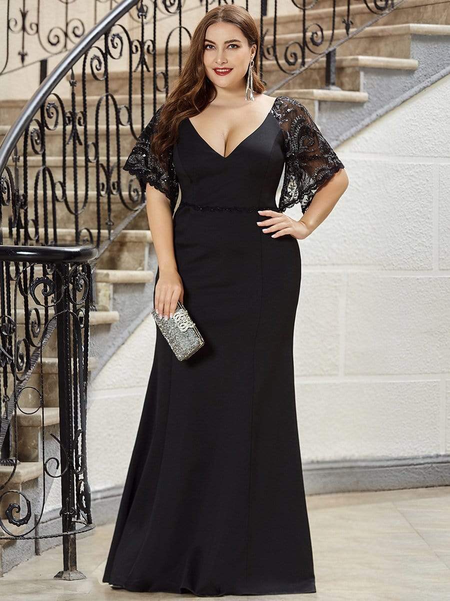 Elegant Plus Size V Neck Fishtail Evening Dress for Women #Color_Black
