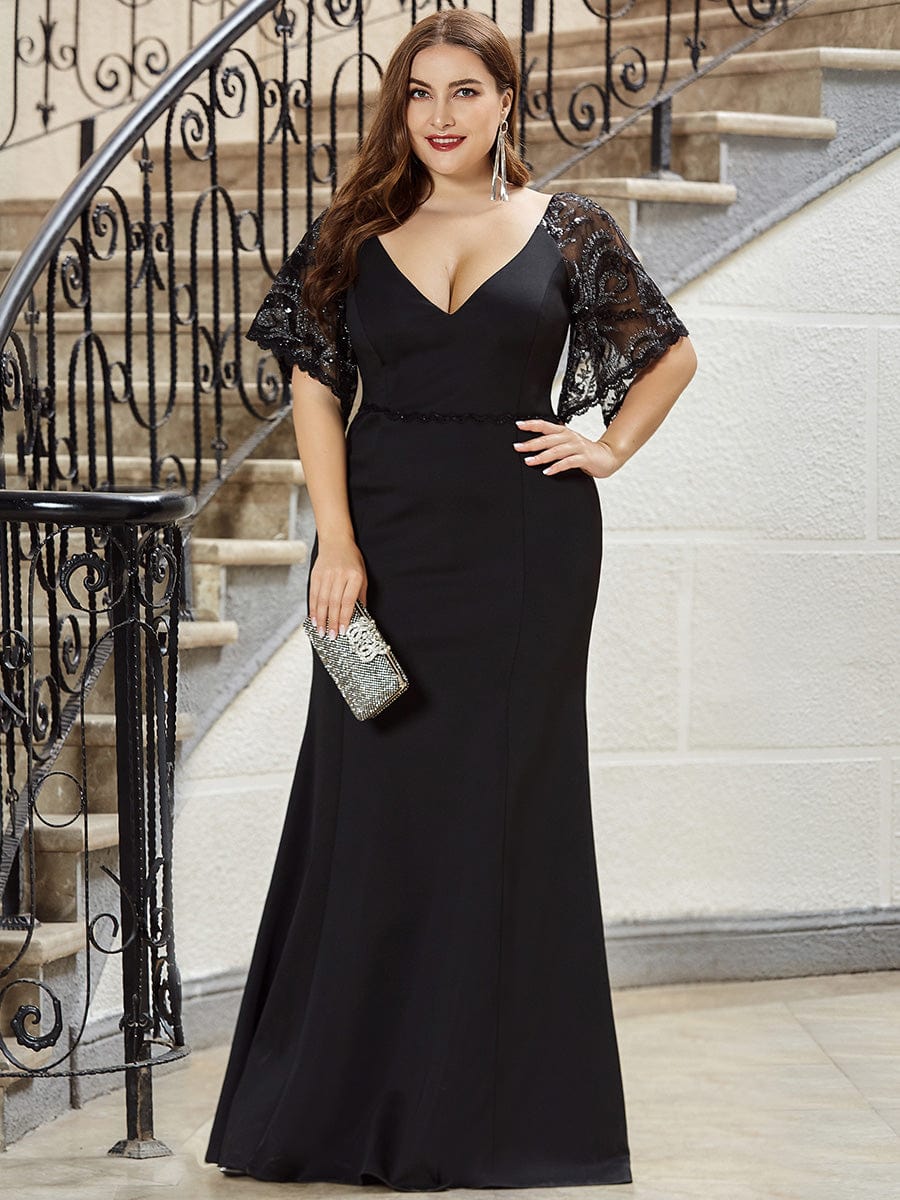 Custom Size V Neck Elegant Fishtail Evening Dress Long Formal Dresses #Color_Black