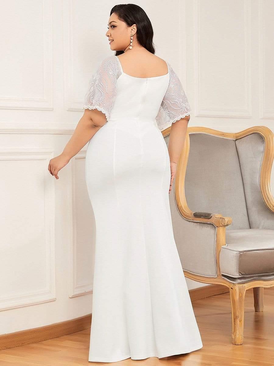 Elegant Plus Size V Neck Fishtail Evening Dress for Women #Color_Cream