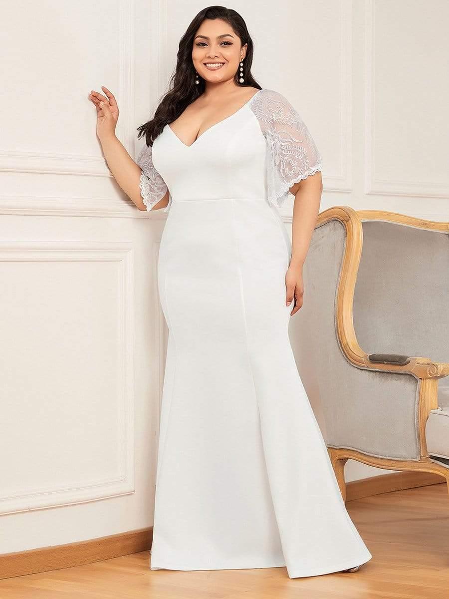 Elegant Plus Size V Neck Fishtail Evening Dress for Women #Color_Cream