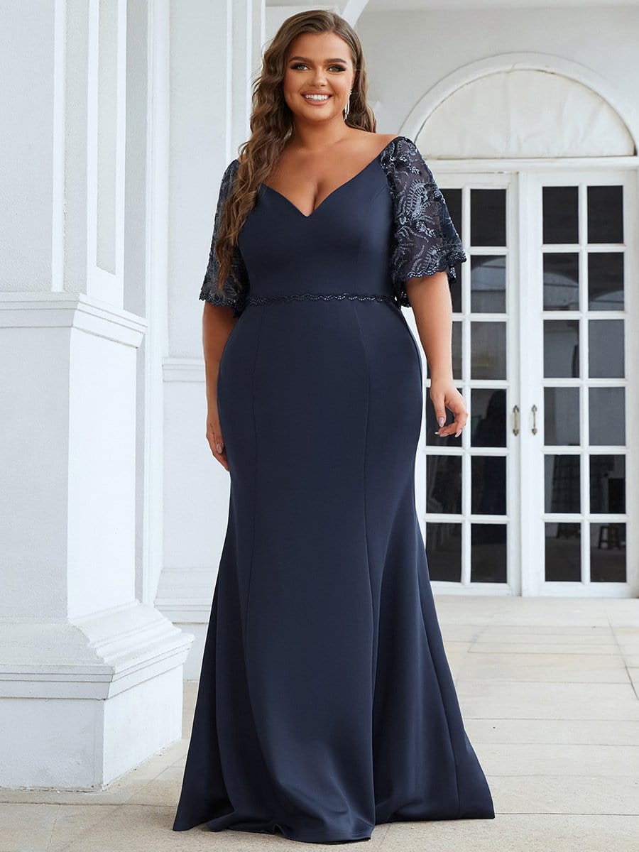 Elegant Plus Size V Neck Fishtail Evening Dress for Women #Color_Navy Blue
