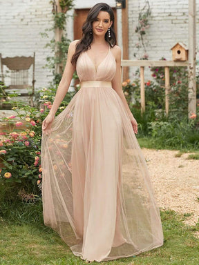 Sexy V-neck Open Back Pleated Maxi Tulle Evening Dresses