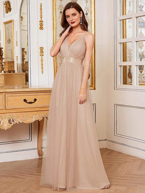 Sexy V-neck Open Back Pleated Maxi Tulle Evening Dresses