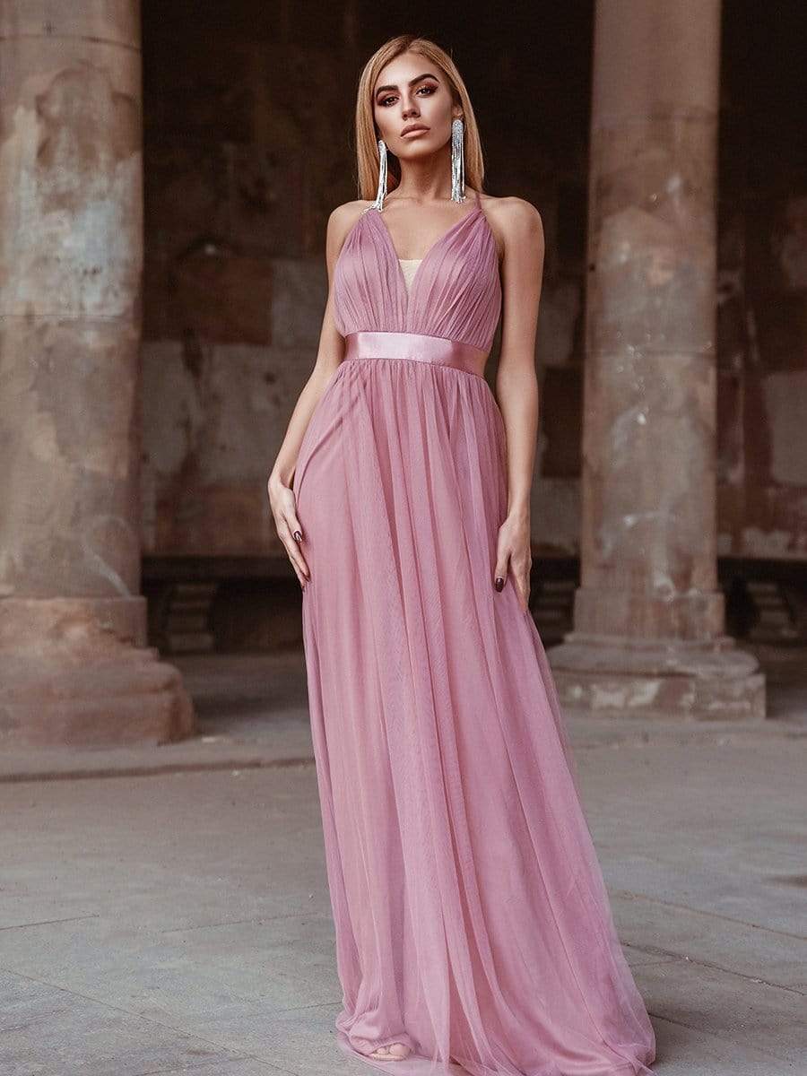 Sexy V-neck Open Back Pleated Maxi Tulle Evening Dresses #color_Purple Orchid 
