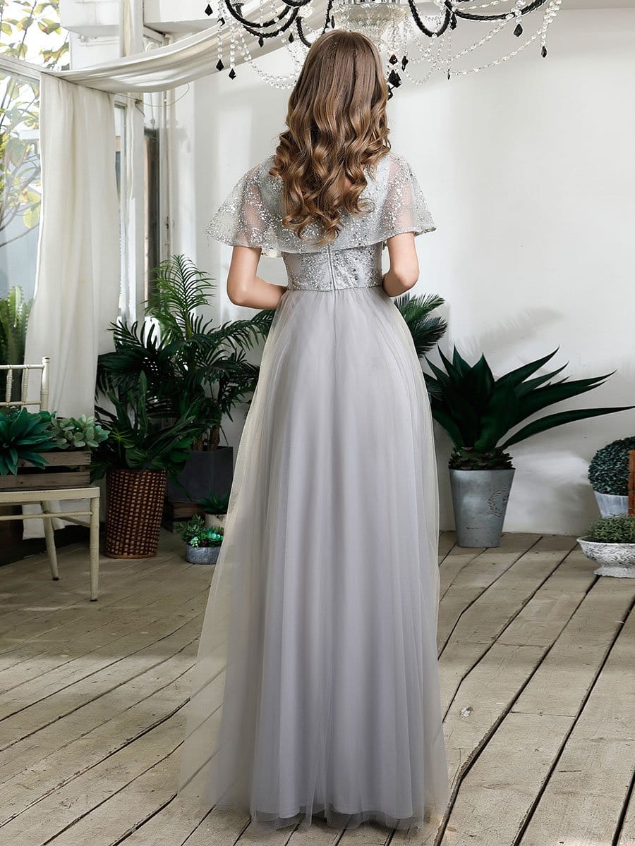 Color=Grey | Women'S V-Neck Ruffles Sequin Dress Floor Length Prom Dresses-Grey 2