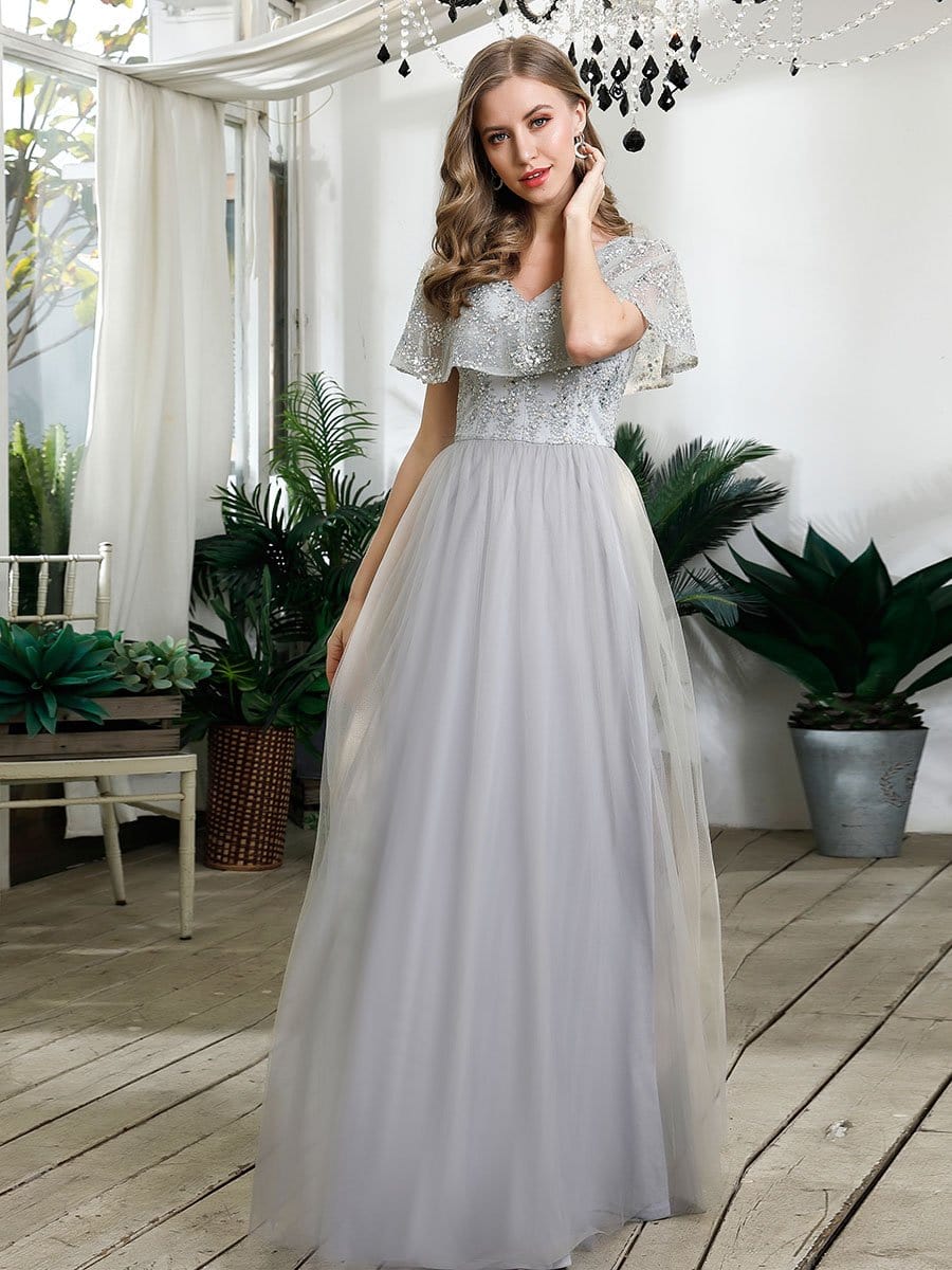Color=Grey | Women'S V-Neck Ruffles Sequin Dress Floor Length Prom Dresses-Grey 3