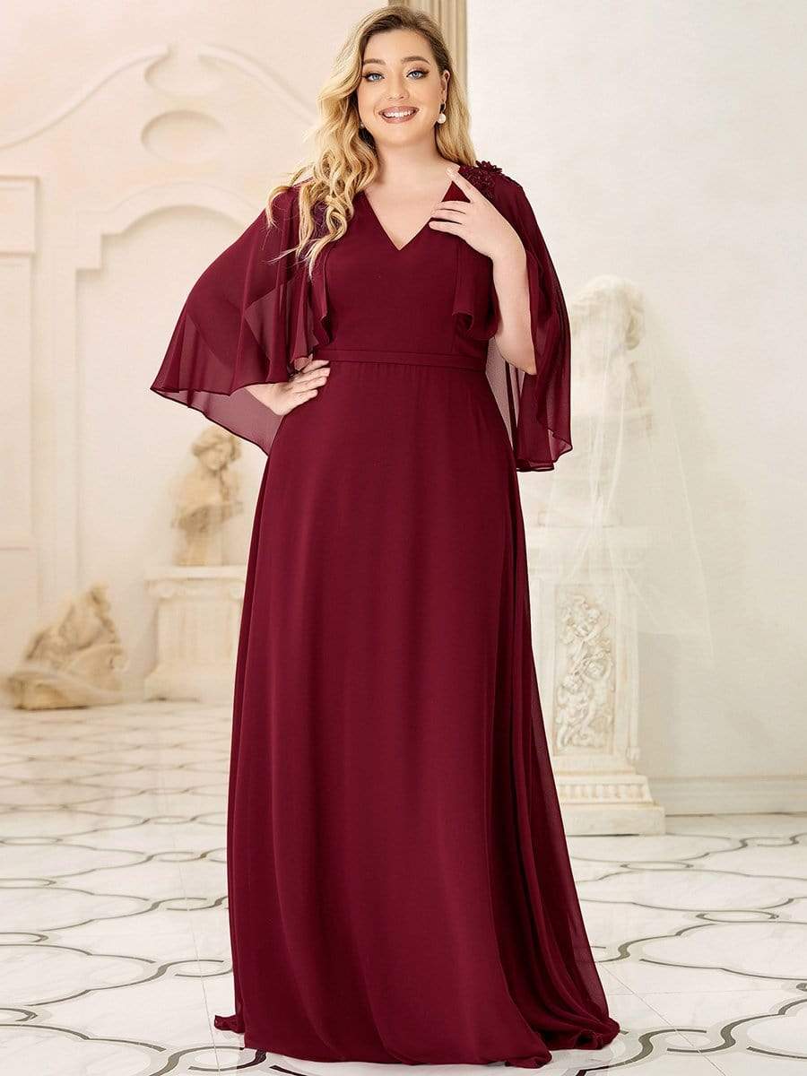 Custom Size Elegant V Neck Chiffon Evening Dresses with Flowy Sleeves #color_Burgundy