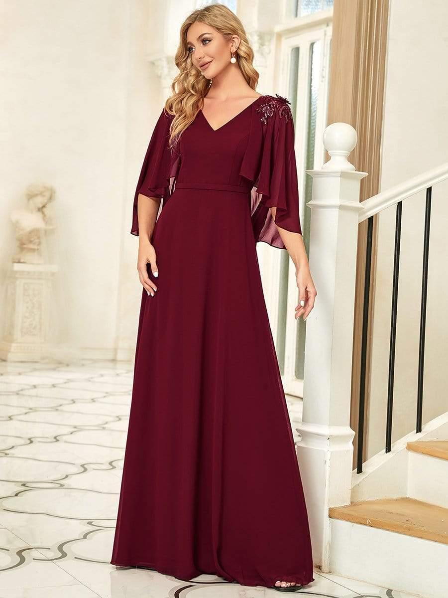 Elegant V Neck Flowy Chiffon Bridesmaid Dresses with Wraps #color_Burgundy 