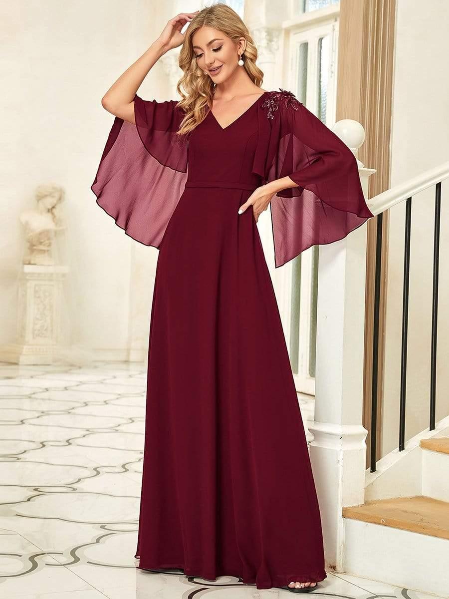 Elegant V Neck Flowy Chiffon Bridesmaid Dresses with Wraps #color_Burgundy 