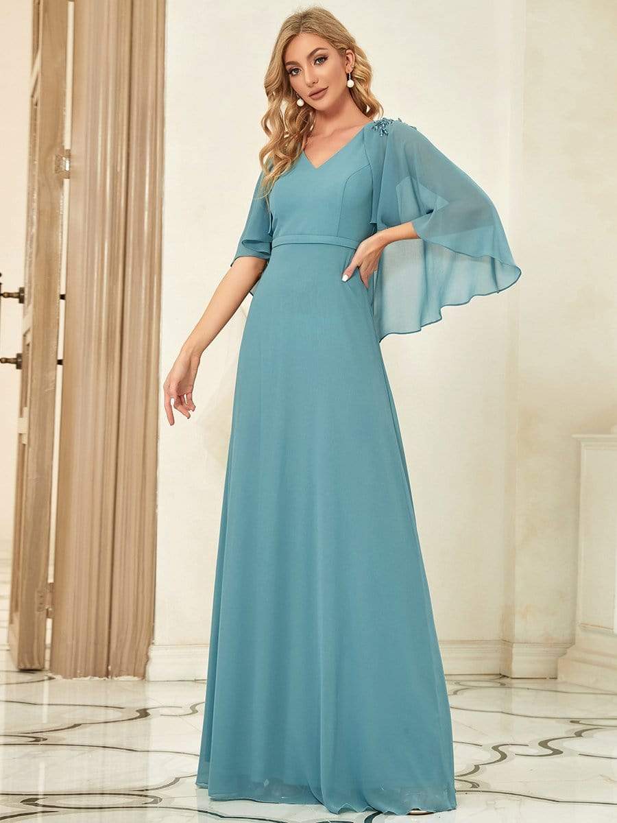 Elegant V Neck Flowy Chiffon Bridesmaid Dresses with Wraps #color_Dusty Blue 