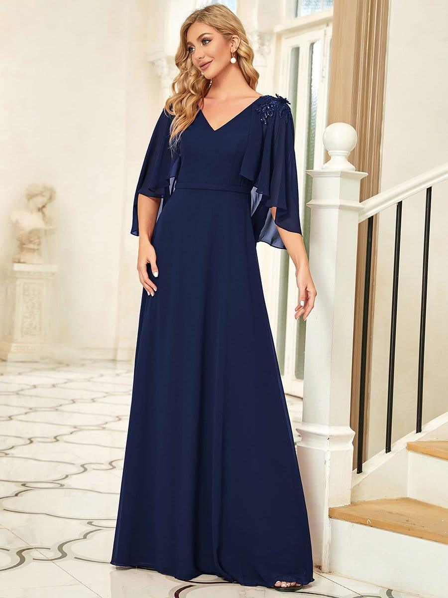 Elegant V Neck Flowy Chiffon Bridesmaid Dresses with Wraps #color_Navy Blue 