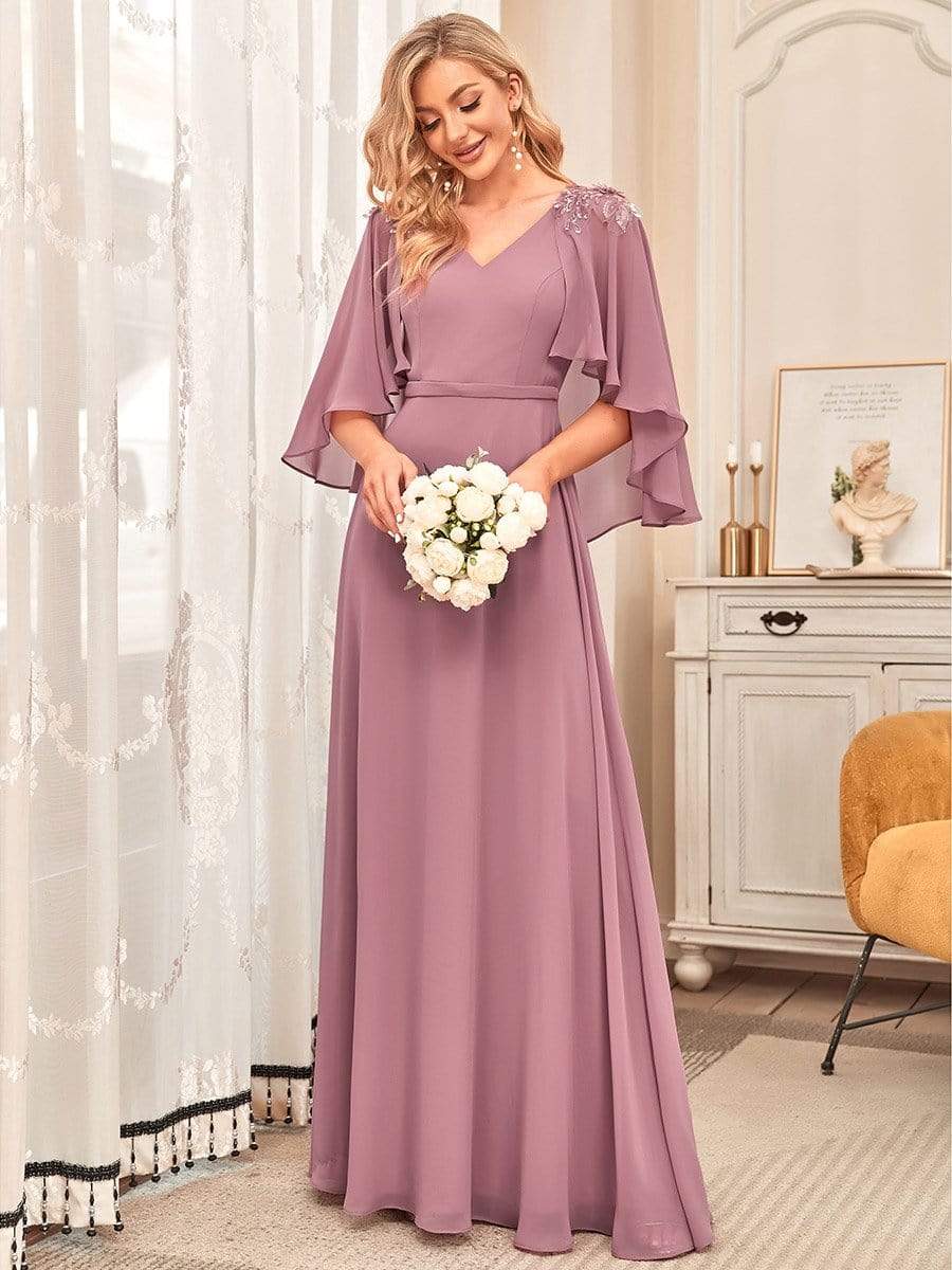 Elegant V Neck Flowy Chiffon Bridesmaid Dresses with Wraps #color_Purple Orchid 