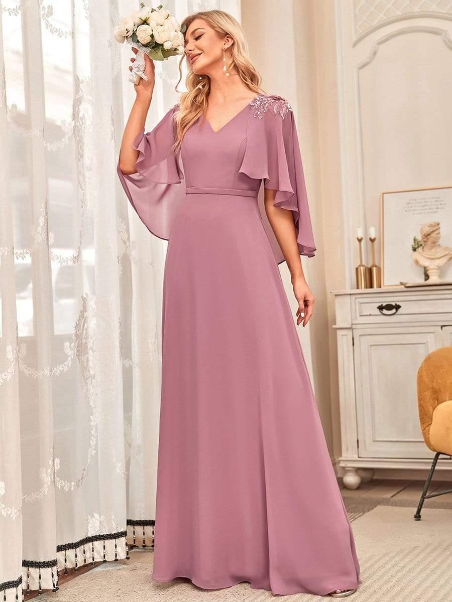 Elegant V Neck Flowy Chiffon Bridesmaid Dresses with Wraps #color_Purple Orchid 