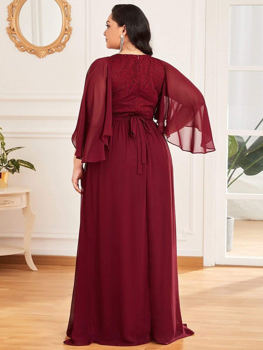Plus Size Deep V Neck Lace Bodice Long Flowy Evening Dress #color_Burgundy 
