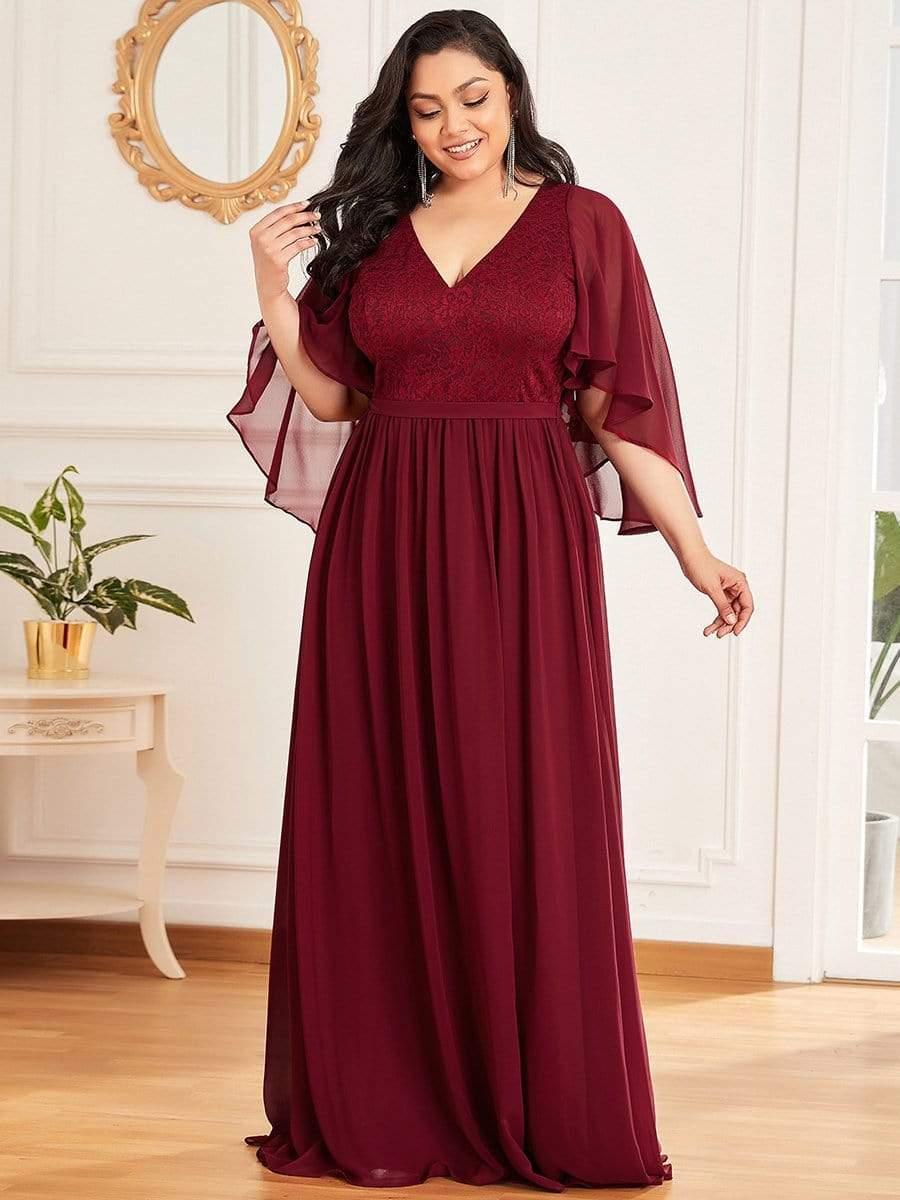 Plus Size Deep V Neck Lace Bodice Long Flowy Evening Dress #color_Burgundy 