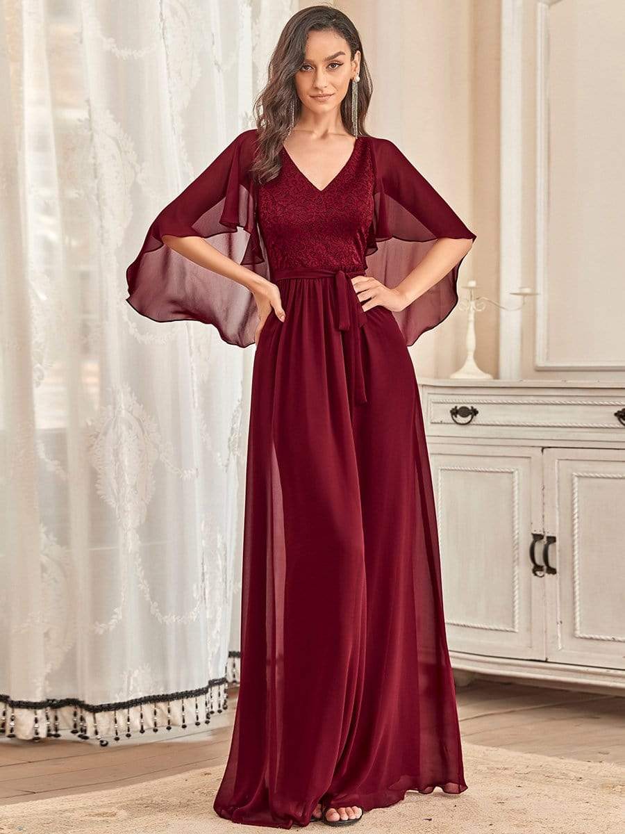 Deep V Neck Lace Bodice Long Flowy Evening Dress #color_Burgundy 