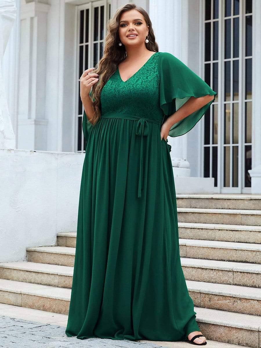 Plus Size Deep V Neck Lace Bodice Long Flowy Evening Dress #color_Dark Green 