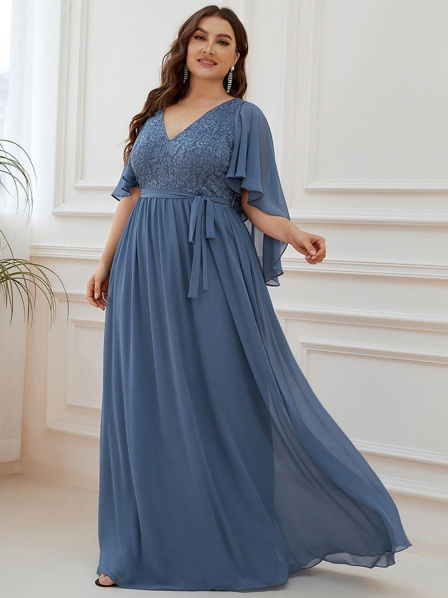 Plus Size Lace Bodice Long Flowy Evening Dress with Deep V Neck Ever Pretty US