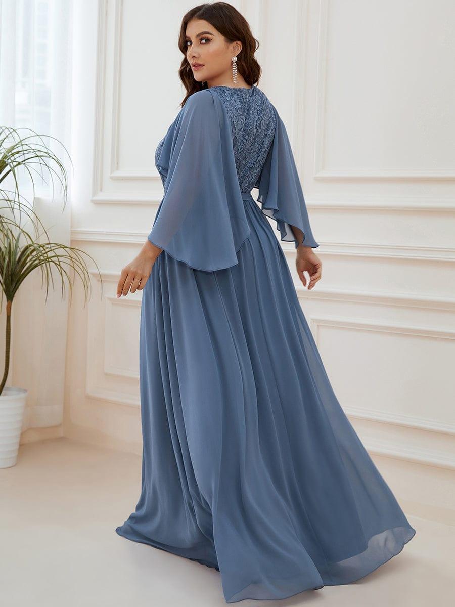 Deep V Neck Lace Bodice Long Flowy Evening Dress #color_Dusty Blue 