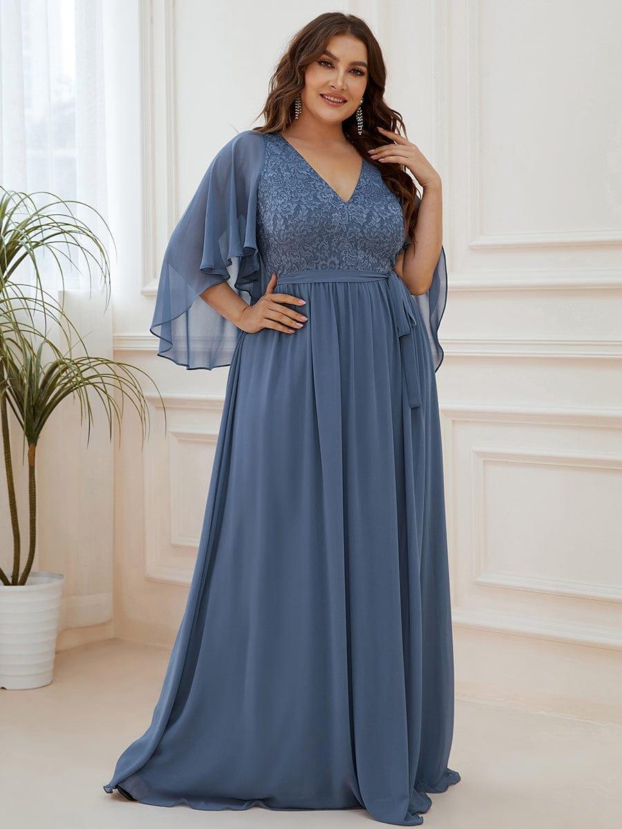 Plus Size Deep V Neck Lace Bodice Long Flowy Evening Dress #color_Dusty Blue 