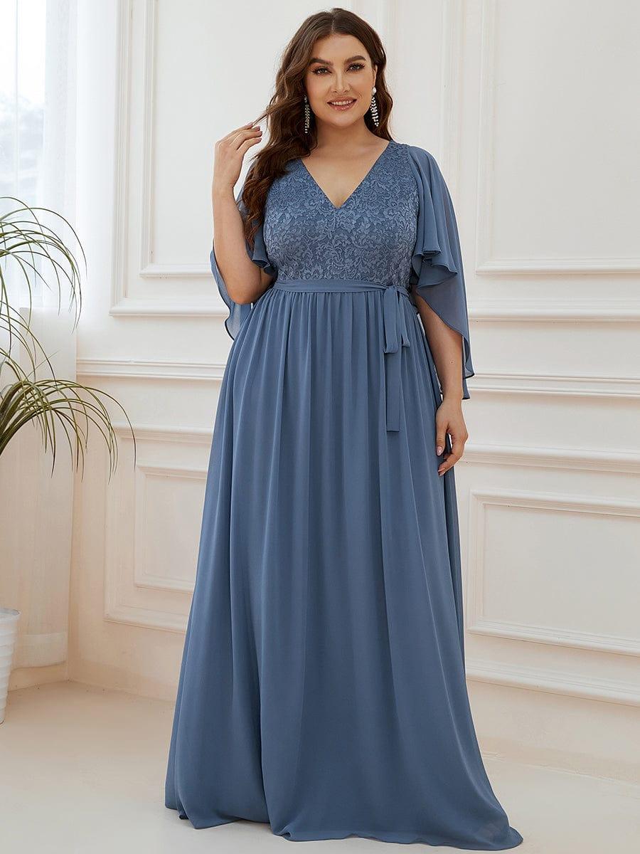 Plus Size Deep V Neck Lace Bodice Long Flowy Evening Dress #color_Dusty Blue 