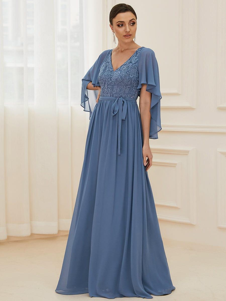 Deep V Neck Lace Bodice Long Flowy Evening Dress #color_Dusty Blue 