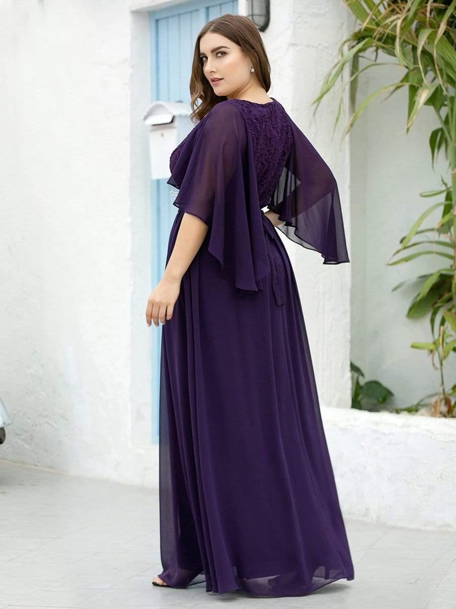 Plus Size Deep V Neck Lace Bodice Long Flowy Evening Dress #color_Dark Purple 