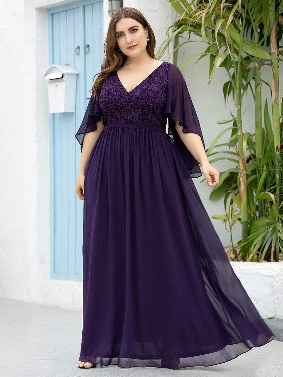 Custom Size Deep V Neck Lace Bodice Long Flowy Evening Dress