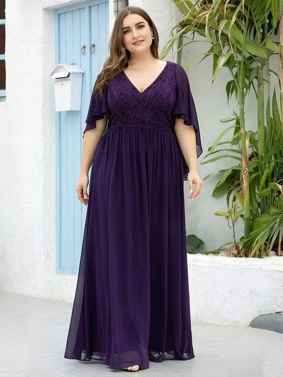 Custom Size Deep V Neck Lace Bodice Long Flowy Evening Dress #color_Dark Purple 