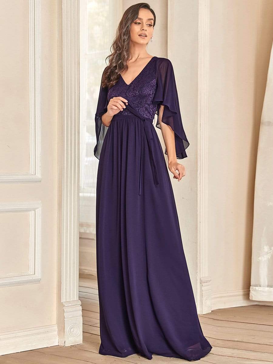 Deep V Neck Lace Bodice Long Flowy Evening Dress #color_Dark Purple 
