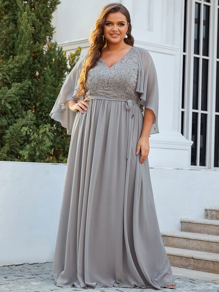 Plus Size Deep V Neck Lace Bodice Long Flowy Evening Dress #color_Grey 