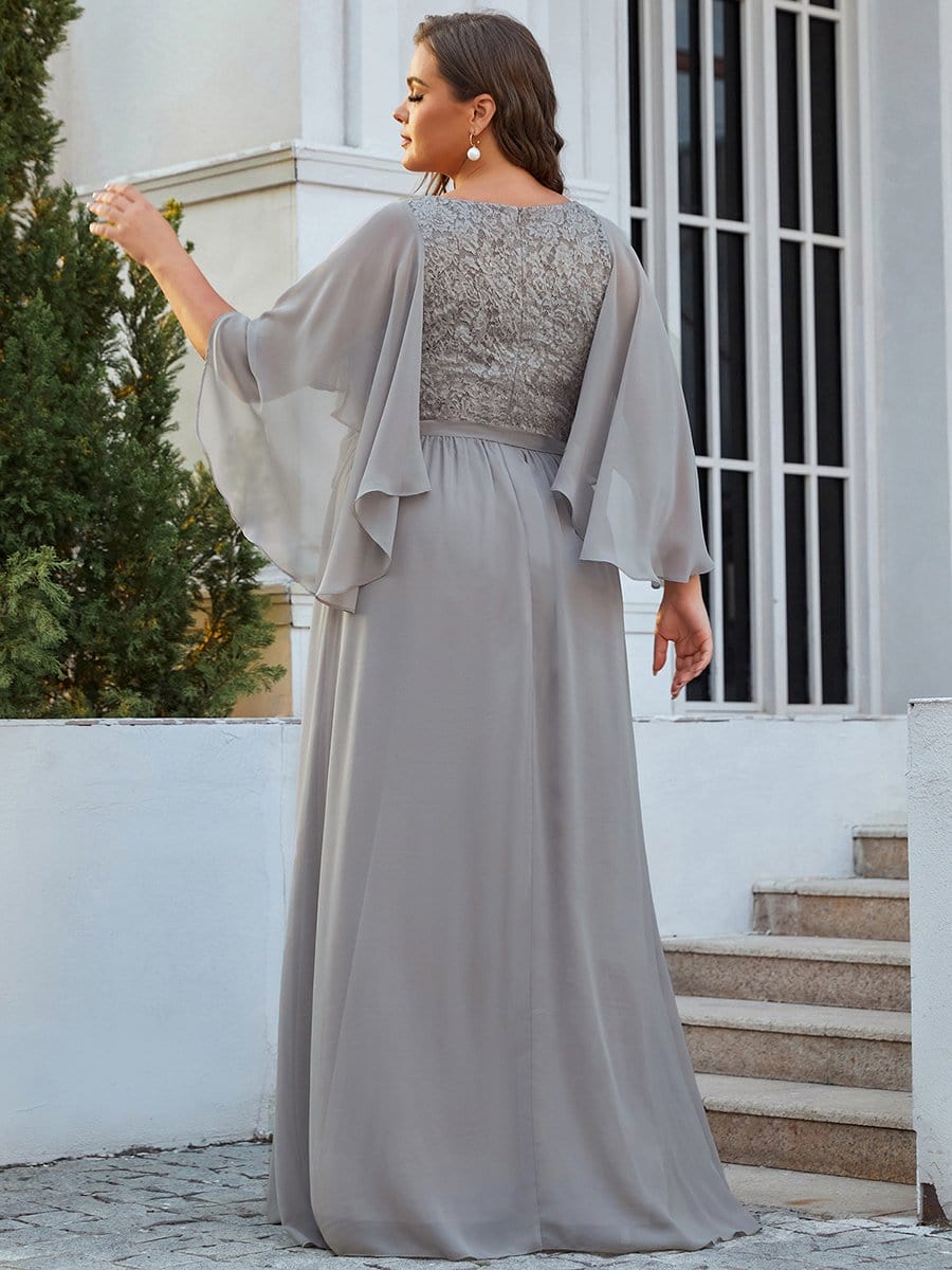Plus Size Deep V Neck Lace Bodice Long Flowy Evening Dress #color_Grey 
