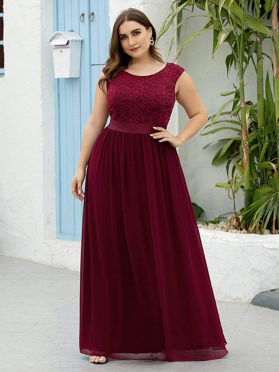 Plus Size Classic Round Neck V Back A-Line Chiffon Bridesmaid Dresses with Lace #color_Burgundy 