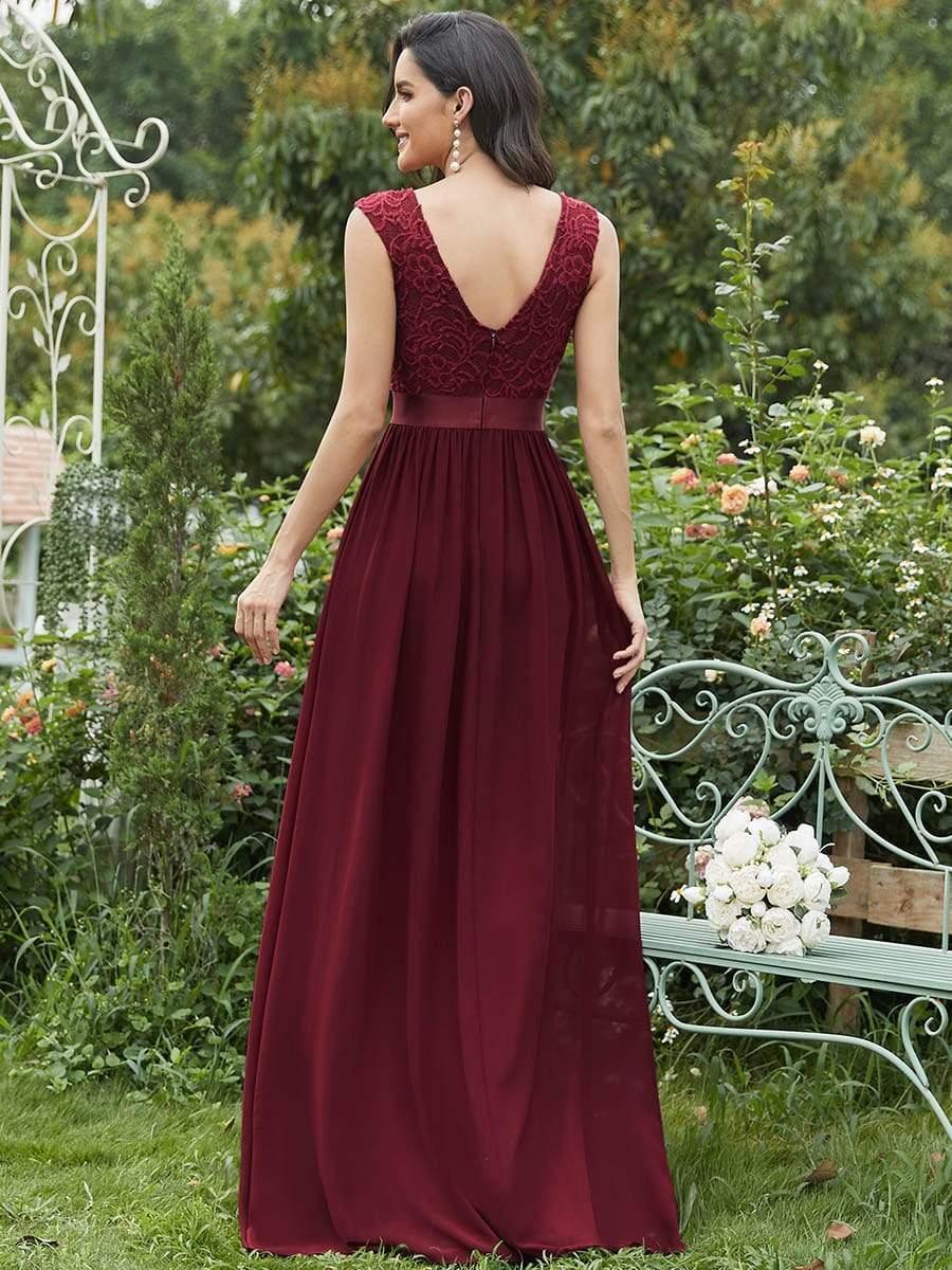 Classic Round Neck V Back Lace Bodice Bridesmaid Dress #color_Burgundy 
