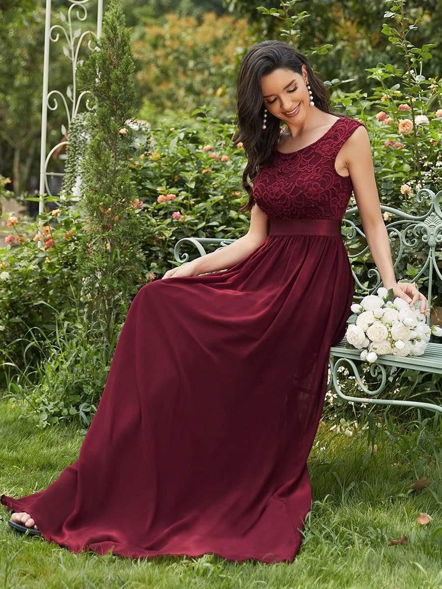 Classic Round Neck V Back Lace Bodice Bridesmaid Dress #color_Burgundy 