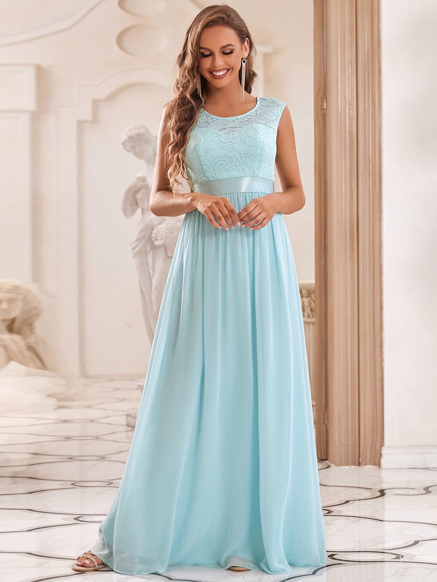 Custom Size Classic Round Neck V Back Lace Bodice Bridesmaid Dress #color_Sky Blue