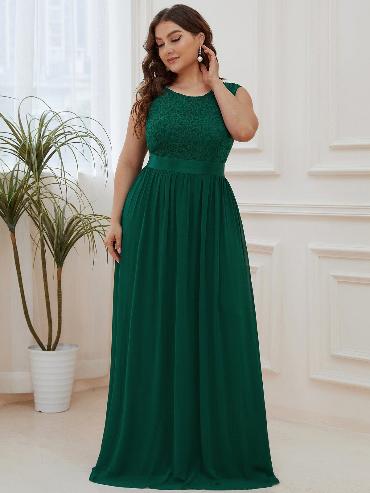 Custom Size Classic Round Neck V Back Lace Bodice Bridesmaid Dress #color_Dark Green