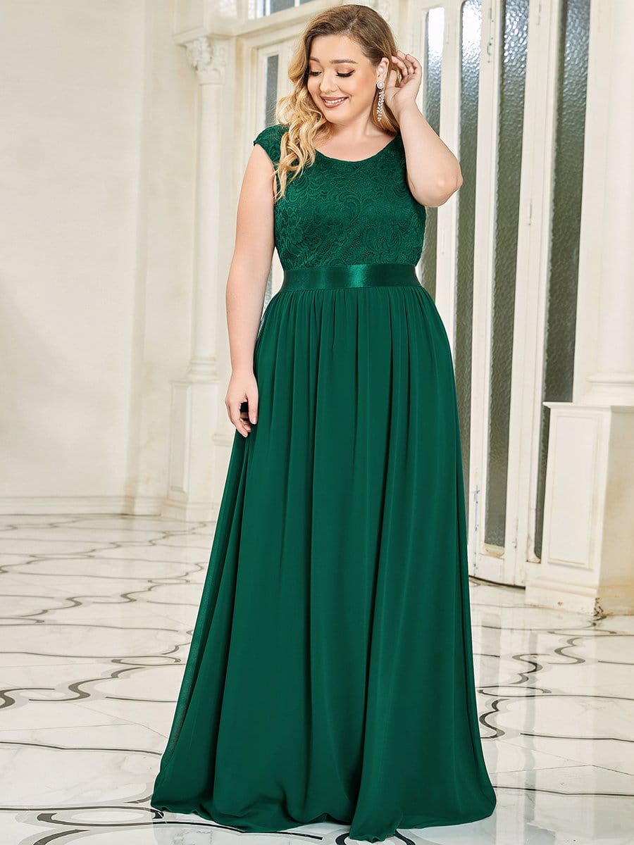 Plus Size Classic Round Neck V Back A-Line Chiffon Bridesmaid Dresses with Lace #color_Dark Green 