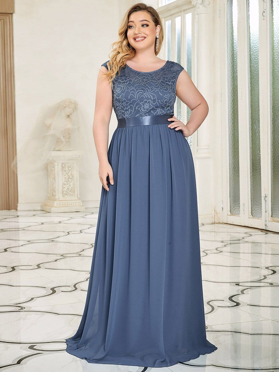 Plus Size Classic Round Neck V Back A-Line Chiffon Bridesmaid Dresses with Lace #color_Dusty Navy 
