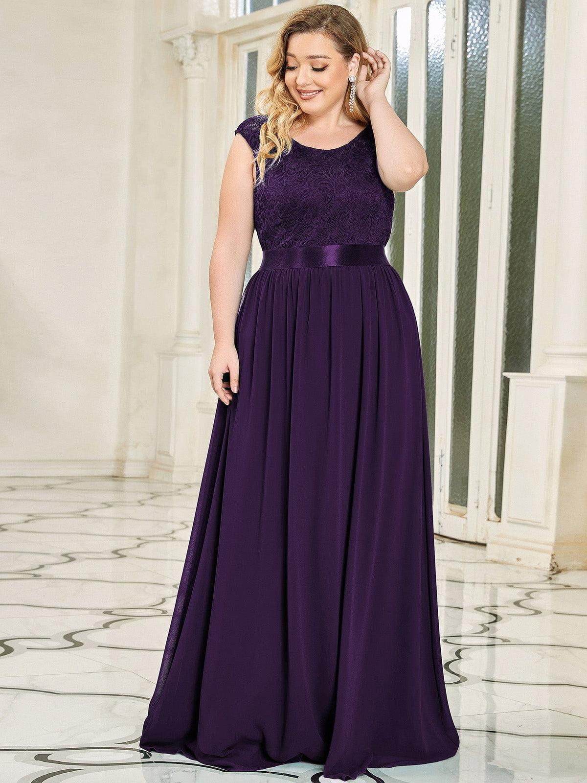 Custom Size Classic Round Neck V Back Lace Bodice Bridesmaid Dress #color_Dark Purple