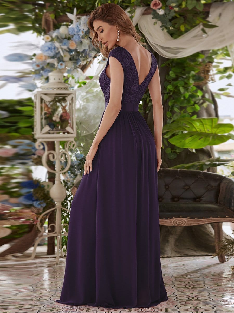 Classic Round Neck Backless Lace Bodice Bridesmaid Dress #color_Dark Purple 
